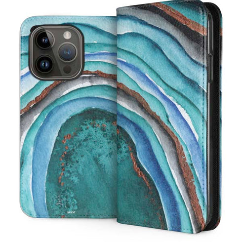 Turquoise Watercolor Geode iPhone 15 Pro Folio Case